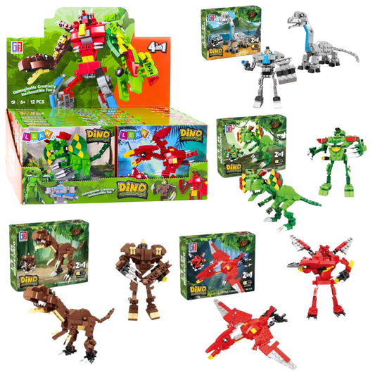 4 dažādi DINO 2in1 mini konstruktori katrā setā dinozaurs un robots; redzamas kastes, saliktie modeļi un displeja kaste.