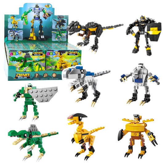 4 dažādi Dino 2in1 mini konstruktori — katrā setā dinozaurs un robots redzamas atsevišķās kastes un saliktie modeļi.