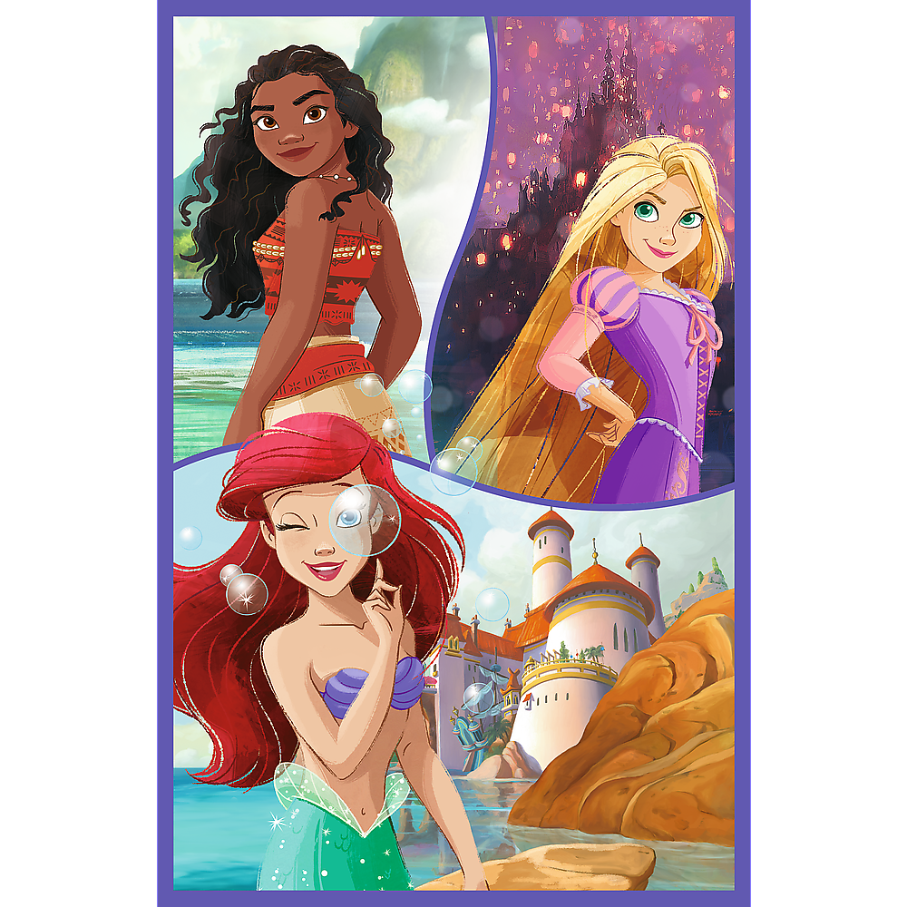 Disney princeses puzle ar princesēm pie jūras, pils un pasaku fona