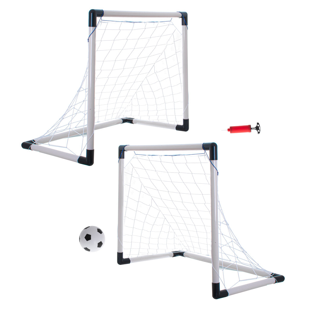 Divi bērnu futbola vārti ar tīklu, bumbu un pumpi