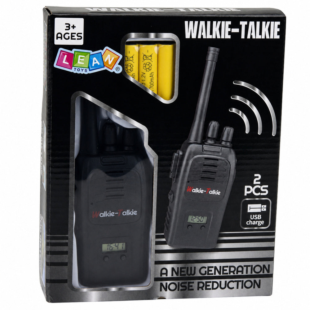 Divu melnu Walkie-Talkie rāciju komplekts ar uzlādējamiem akumulatoriem iepakojumā
