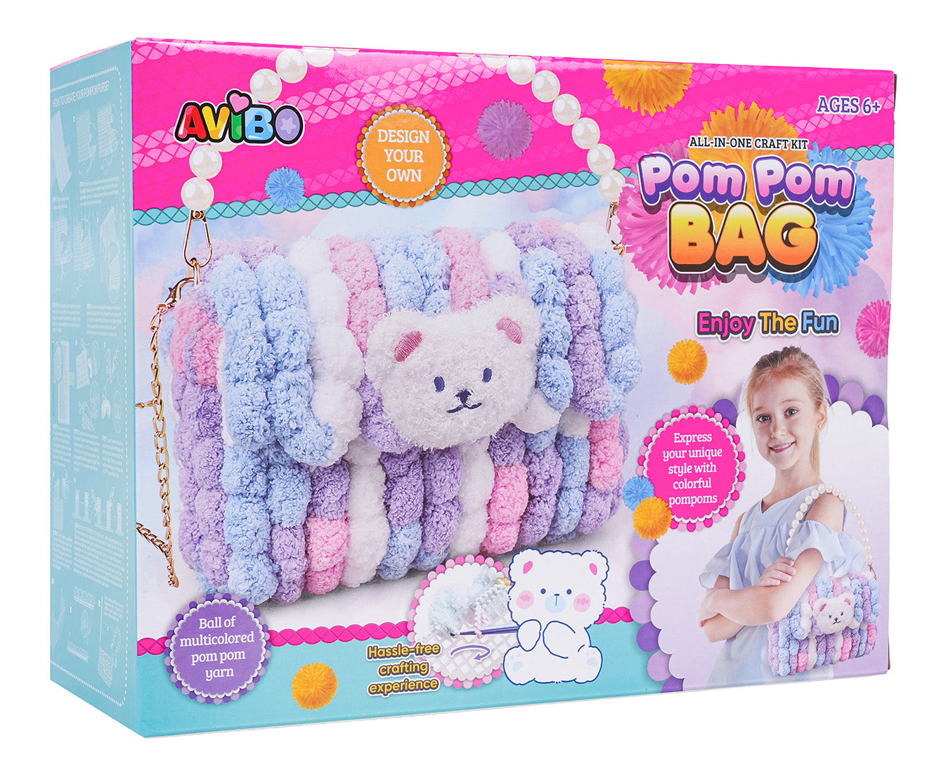 DIY pomponu somiņas komplekts bērniem, mīksta daudzkrāsaina soma ar ķēdīti un aksesuāriem