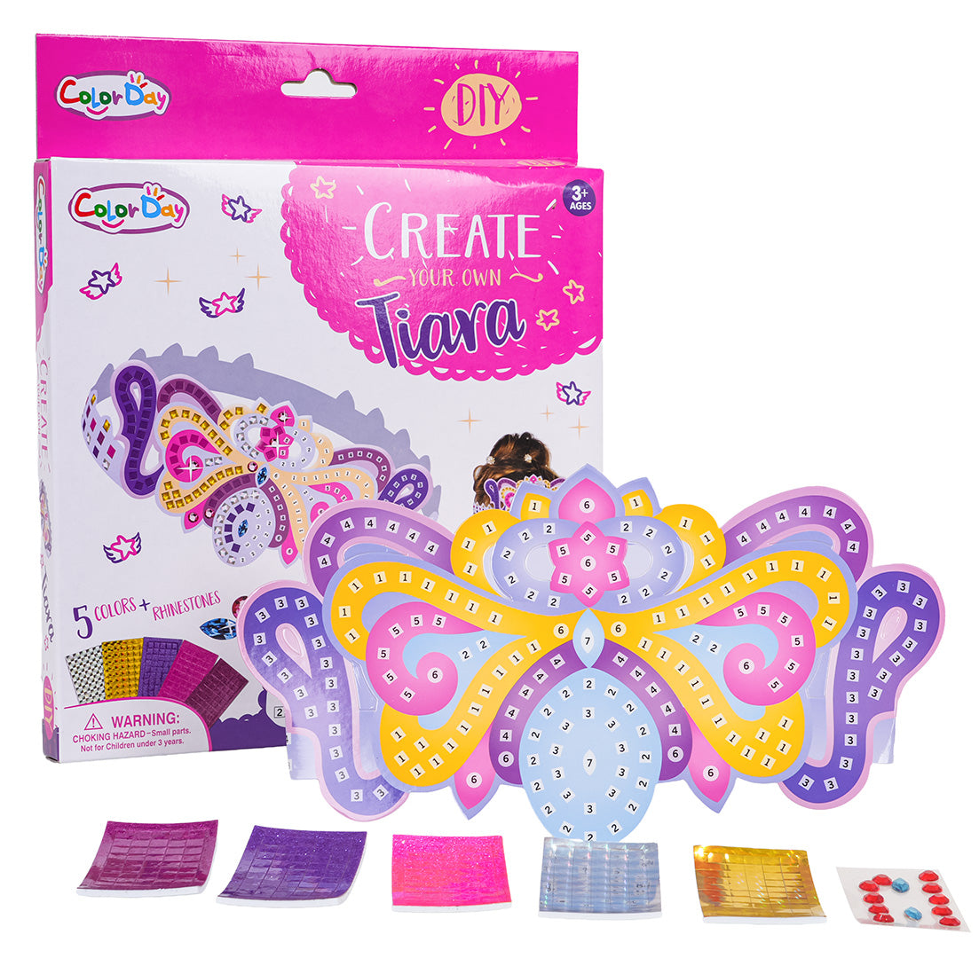 DIY tiaras komplekts ar krāsojamu vainagu, uzlīmes kvadrātiņos un pievienotu dekoratīvo materiālu komplektu