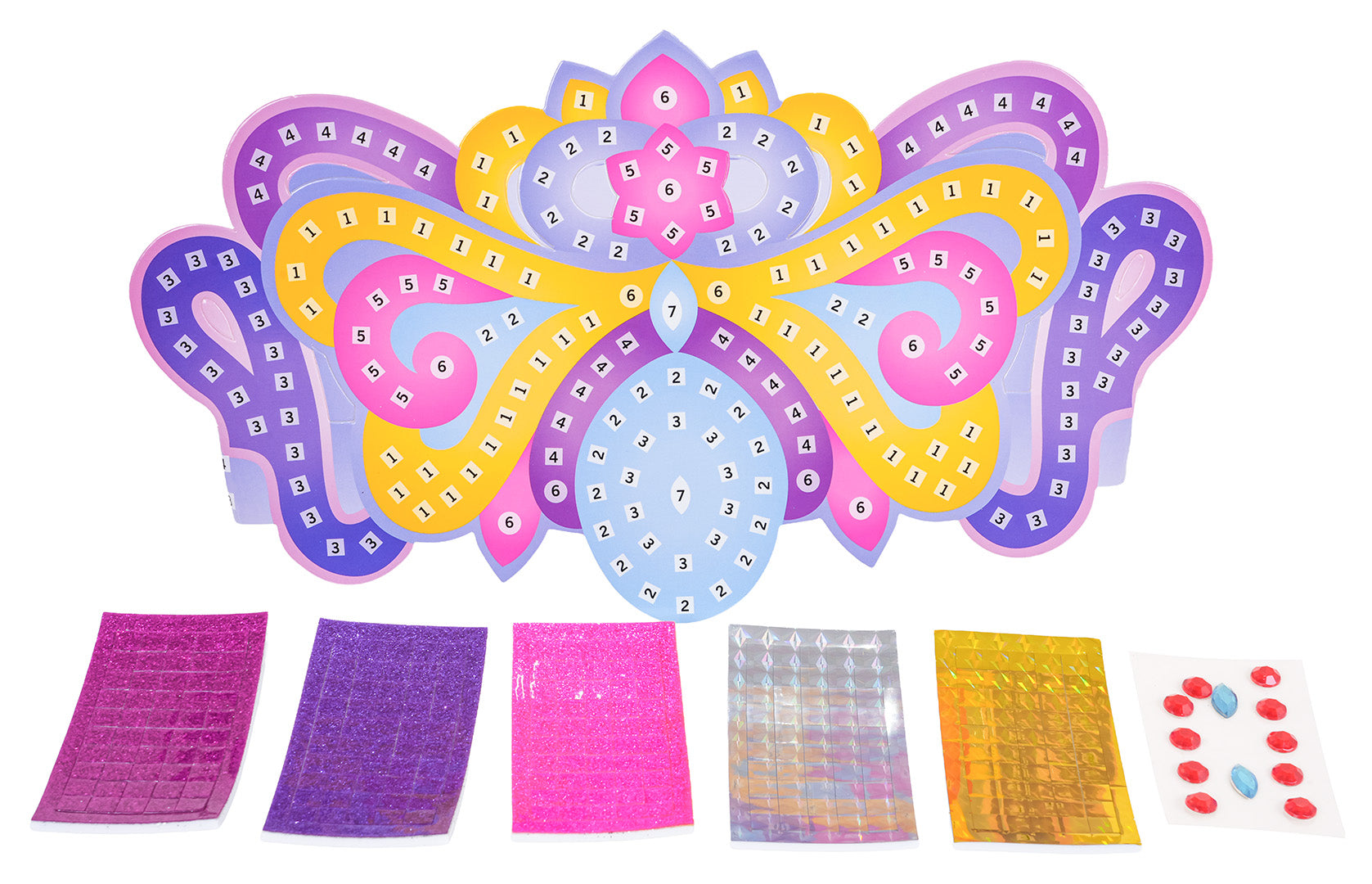 DIY tiaras dekorēšanas komplekts ar cipariem marķētu vainagu un piecām spīdīgu uzlīmju loksnēm, kā arī krāsainiem rhinestone dekoriem