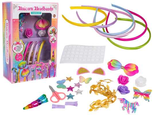 DIY vienradža galvas lentīšu komplekts bērniem ar 6 lentītēm, dekoriem, ziediem, tauriņiem un uzlīmējamiem punktiņiem