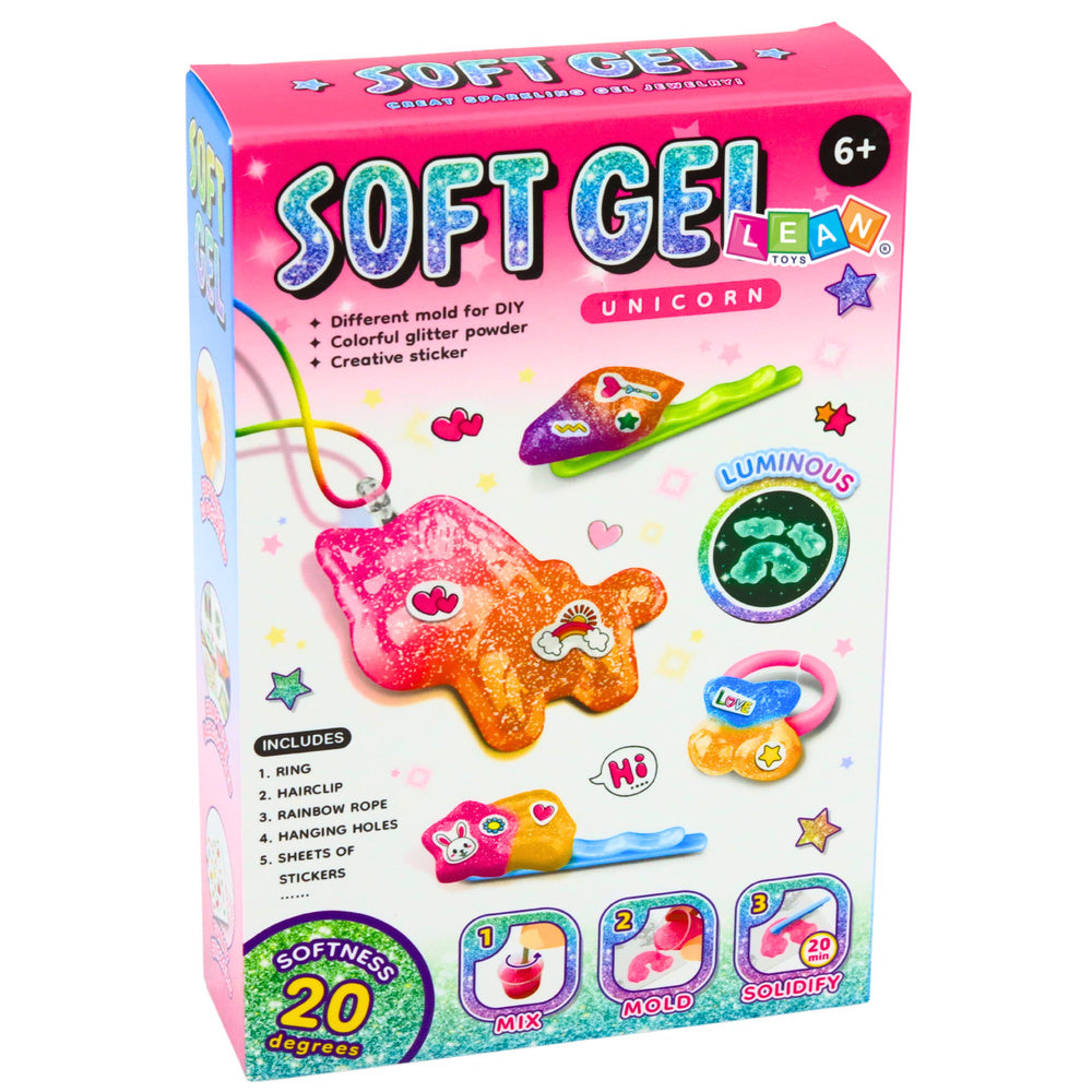 DIY Soft Gel Unicorn radošā komplekta iepakojums ar vienradža figūriņu, aksesuāru piemēriem un spīdēšanas tumsā norādi