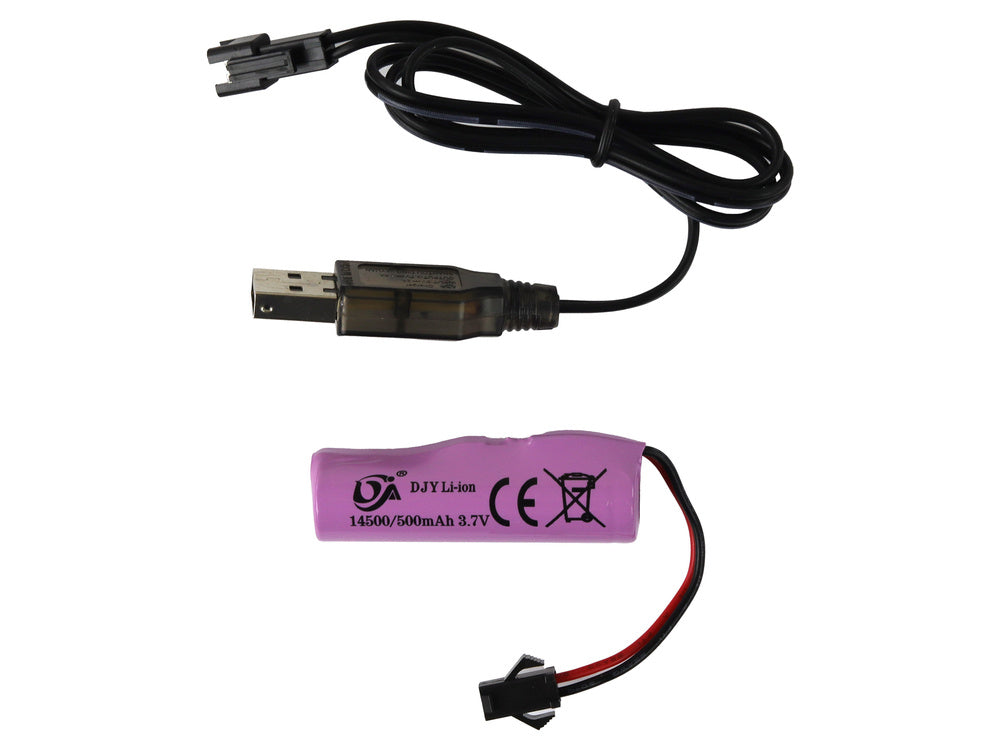 Violets lādējams 3,7v  akmulators ar USB kabeli uz balta fona