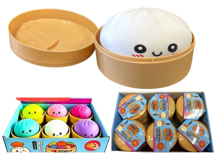 Dumpling squishy antistresa rotaļlietas kastītēs dažādās krāsās ar piemīlīgām sejiņām