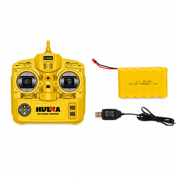 Dzeltena 2,4 GHz tālvadības pults, 7,2 V akumulators un USB uzlādes kabelis autoiekrāvējam