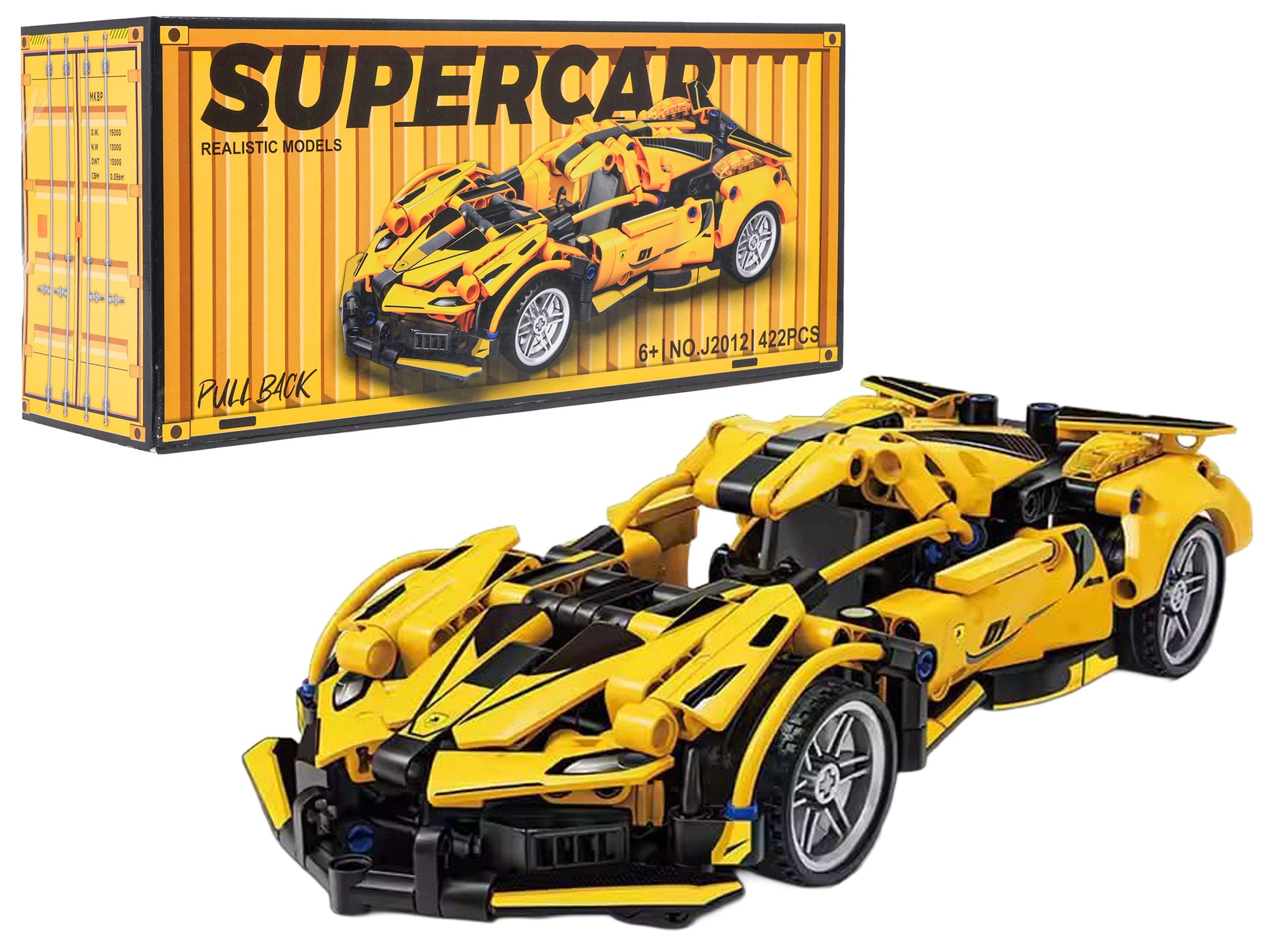 Dzeltena sporta automašīna no klucīšiem ar atpakaļgaitas piedziņu