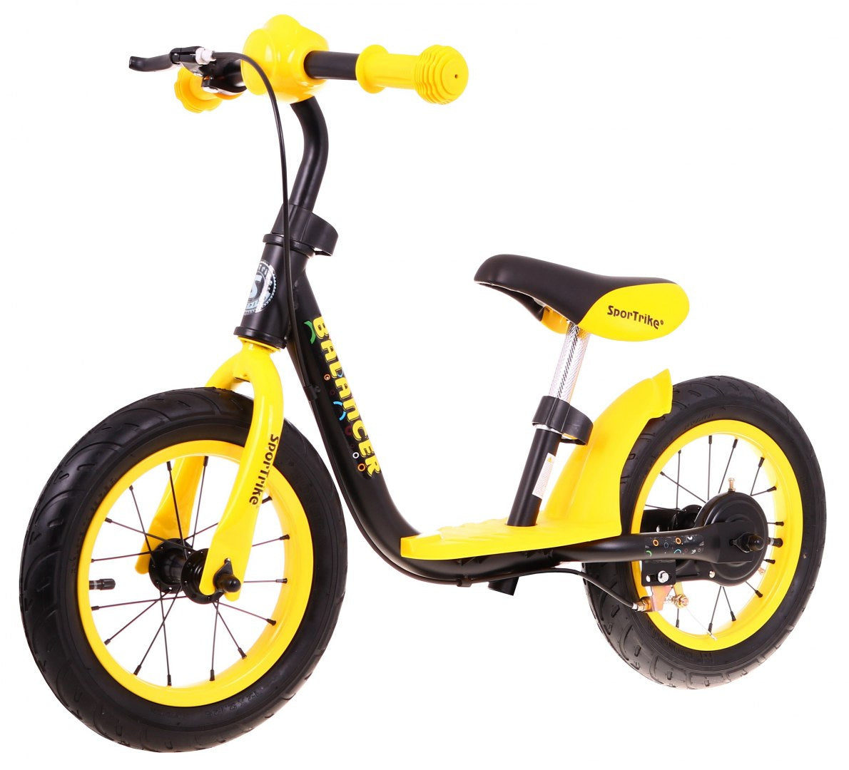 Dzelteni melns bērnu balansa ritenis SportTrike Balancer sānskatā
