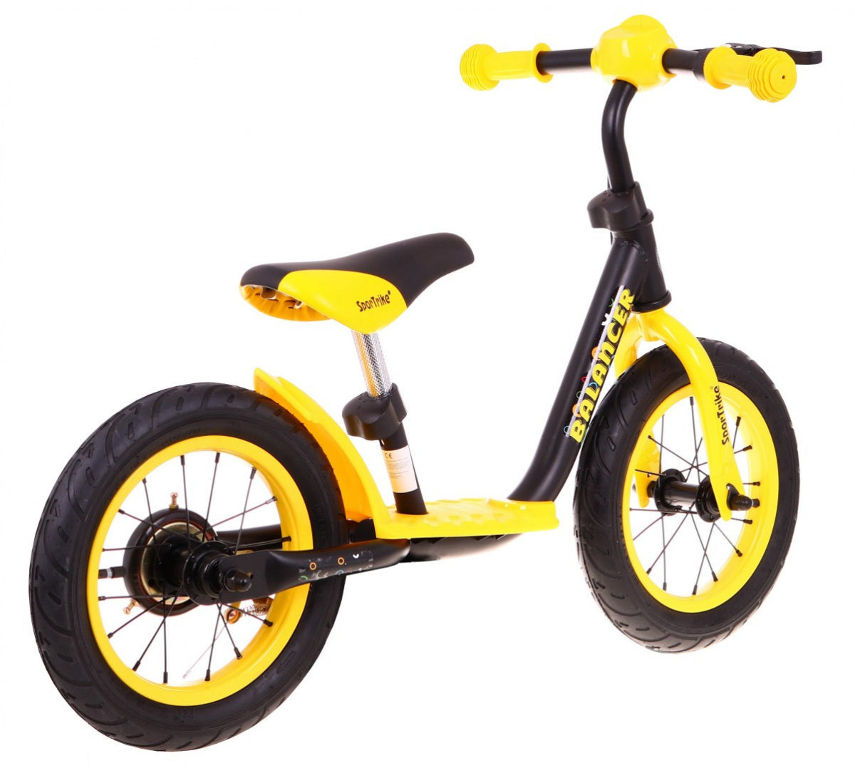 Dzelteni melns bērnu balansa ritenis SportTrike Balancer slīpā skatā