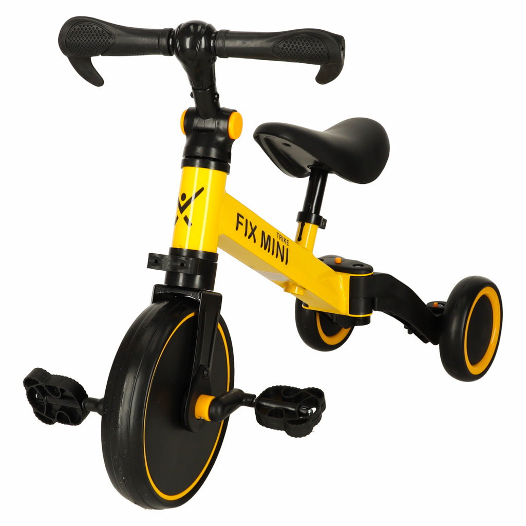 Dzeltenmelns līdzsvara velosipēds ar uzrakstu "FIX MINI" uz balta fona