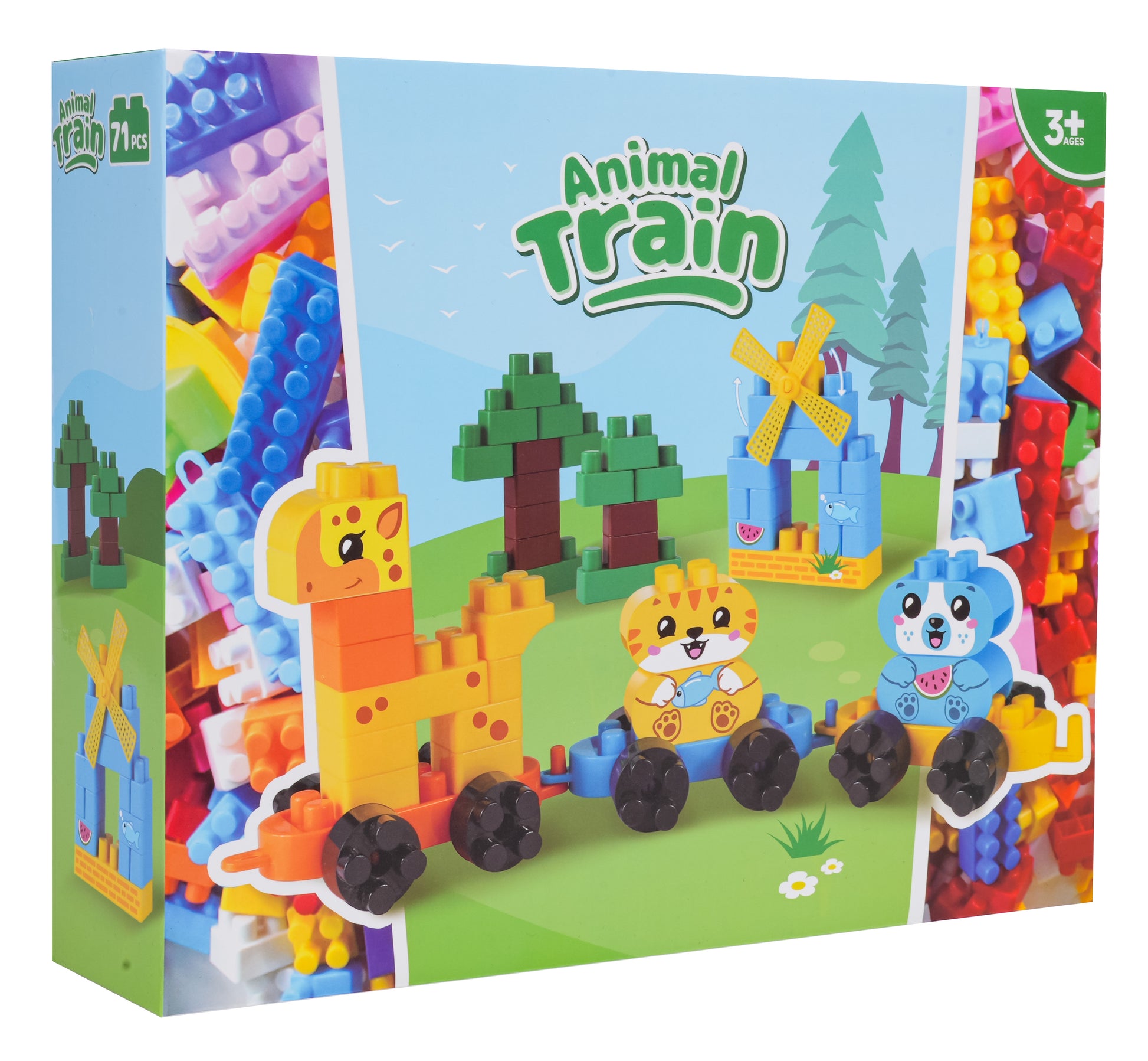 Dzīvnieku vilciena lielo klucīšu komplekts ar vilcieniņu, kokiem un dzirnavām