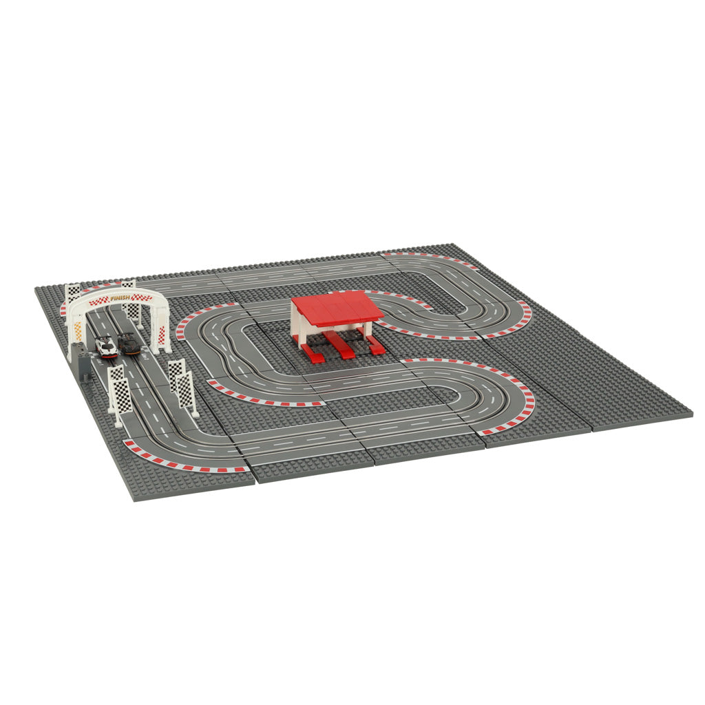 Elektriskā auto trase 64 × 64 cm ar finiša arku un garāžu