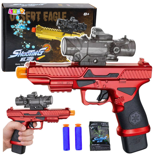 Elektriska rotaļu pistole sarkanā krāsā ar optisko tēmekli, putu šautriņām un ūdens lodītēm komplektā