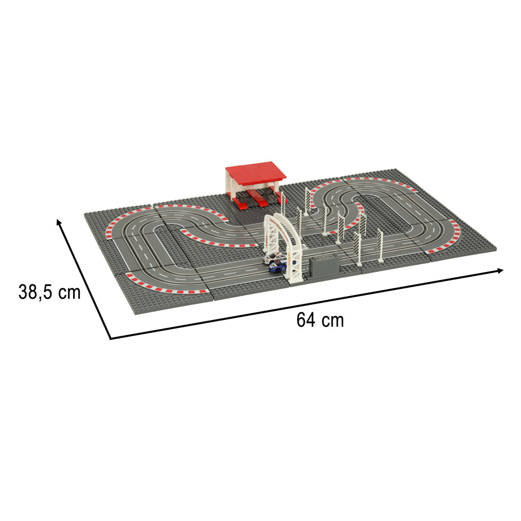 Elektriskā sacīkšu auto trase 64 × 38,5 cm ar divām joslām, finiša arku un garāžu