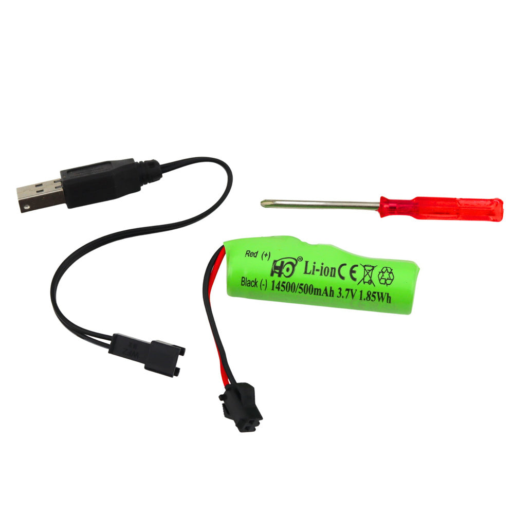 Elektriskās ūdens šautenes akumulators, USB uzlādes vads un skrūvgriezis komplektā