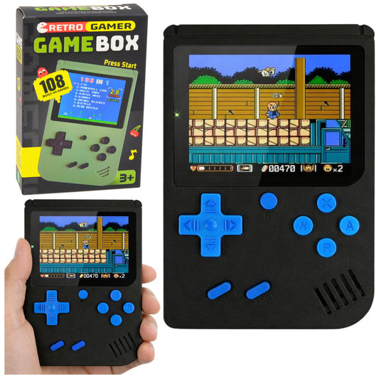 Elektroniskā retro spēļu konsole ar 108 iebūvētām spēlēm melnā krāsā ar zilu pogu vadību
