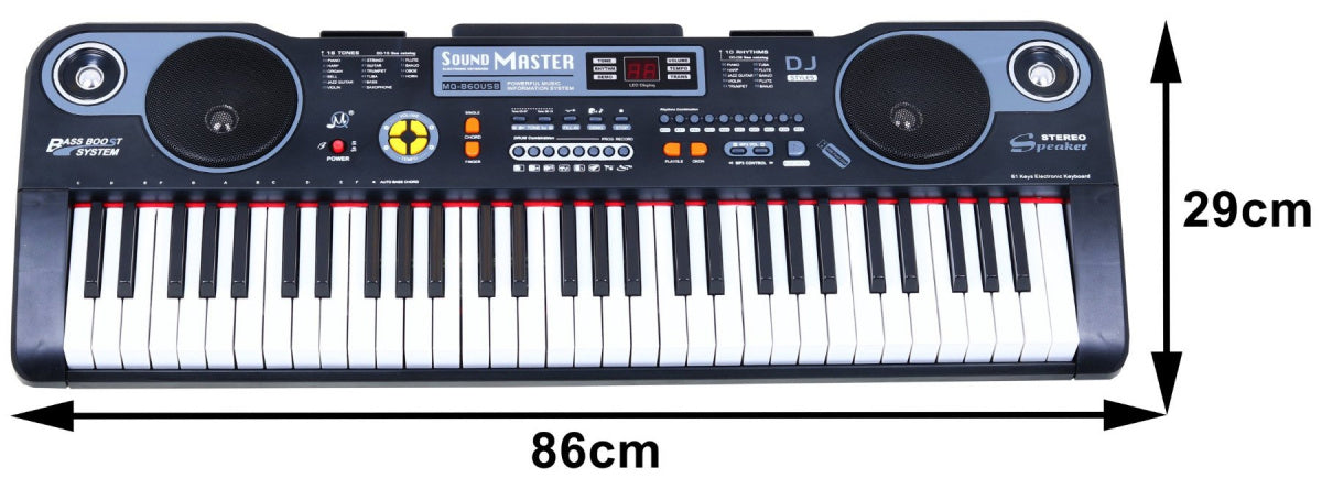 Elektroniskais sintezators Sound Master MQ-860USB ar 61 taustiņu — izmēri 86 × 29 cm