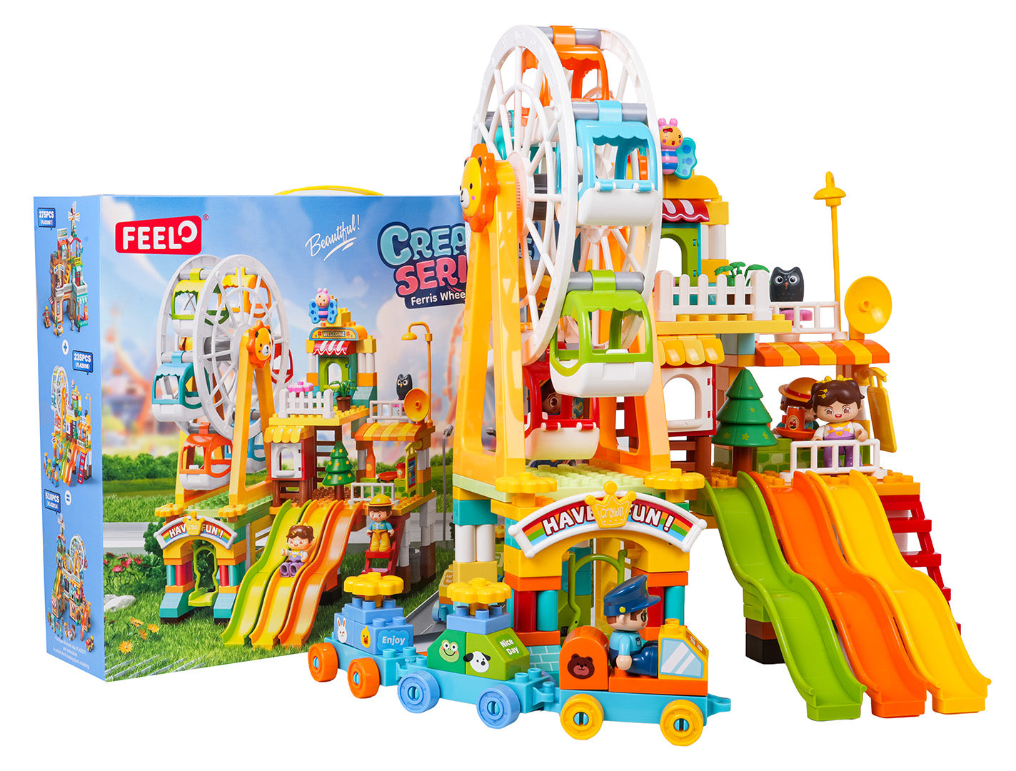 rotaļu konstruktors FEEL Creative Series ar panorāmas ratu un slidkalniņiem pie kastes
