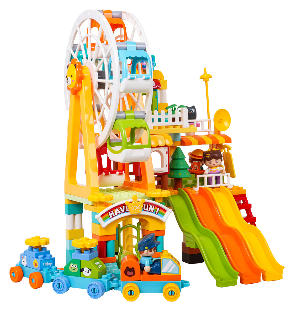bērnu rotaļu konstruktors ar panorāmas ratu, slidkalniņiem un vilcieniņu
