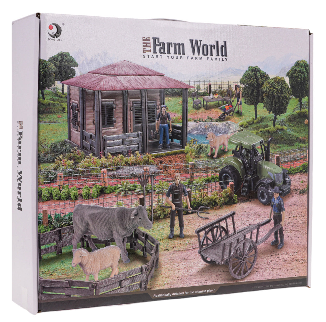 Rotaļu komplekta “Ferma” kaste ar ilustrāciju — mājiņa, traktors, aploks un dzīvnieki (“The Farm World”).