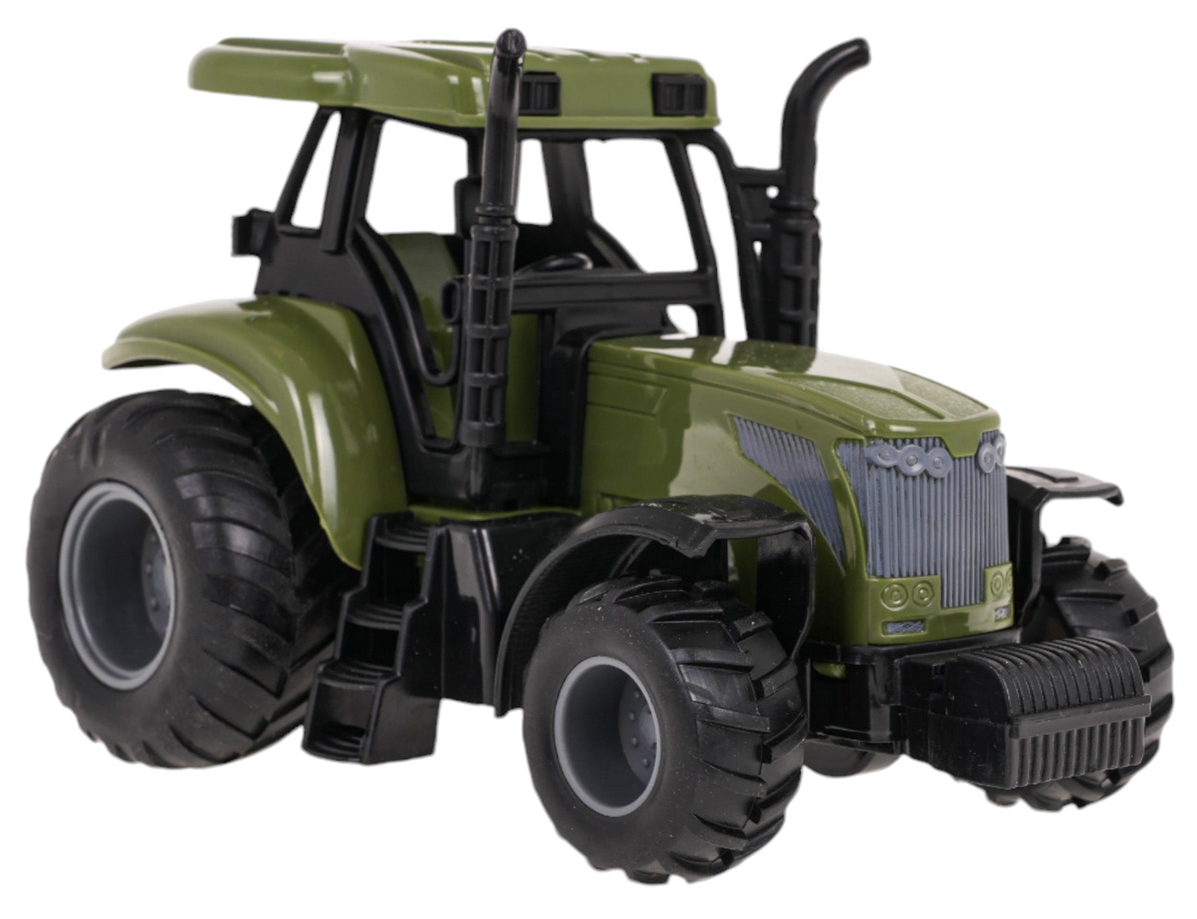 Zaļš rotaļu traktors — skats pa diagonāli no priekšpuses ar lieliem protektora riteņiem.