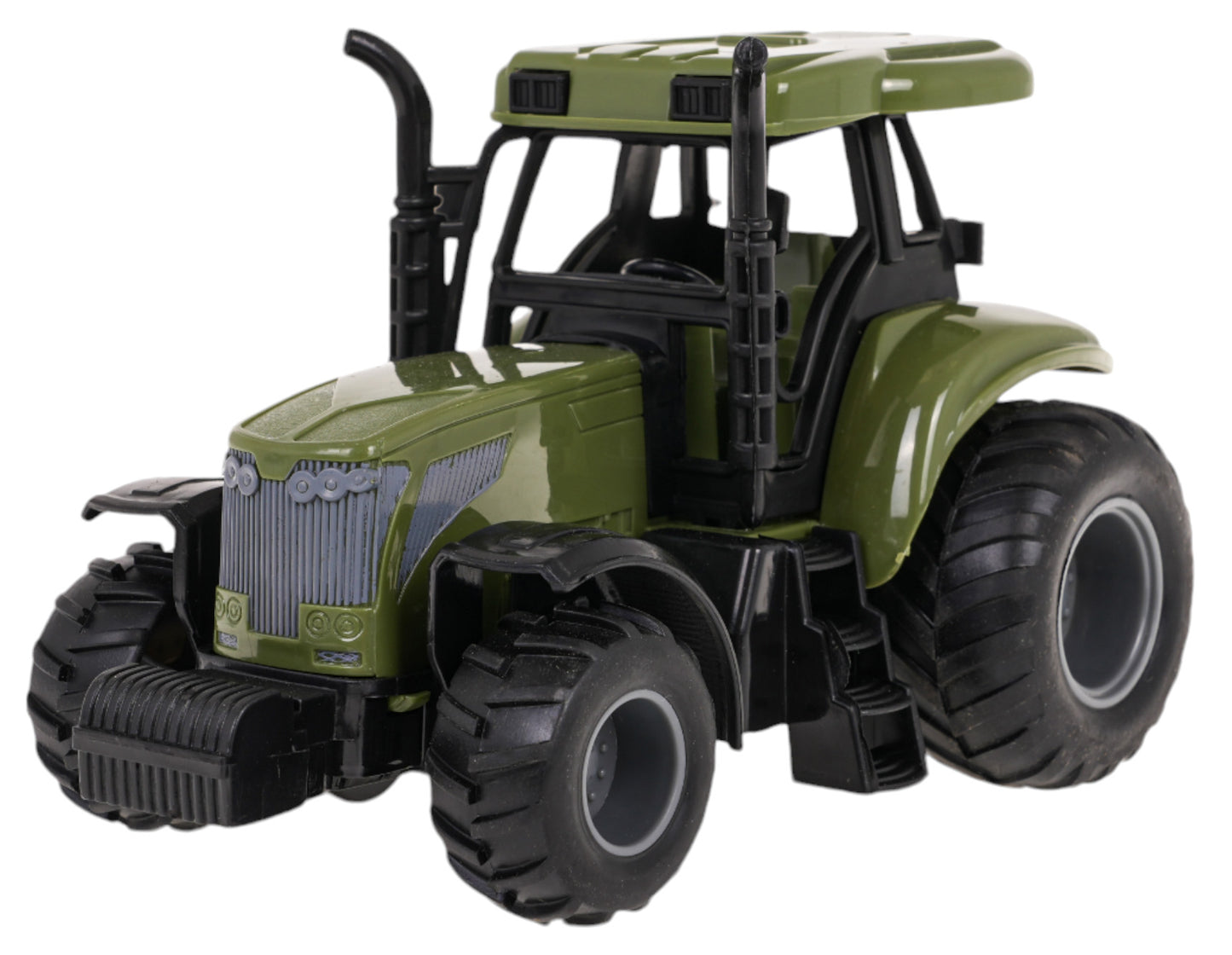 Zaļš rotaļu traktors — tuvplāns ar lieliem protektora riteņiem.