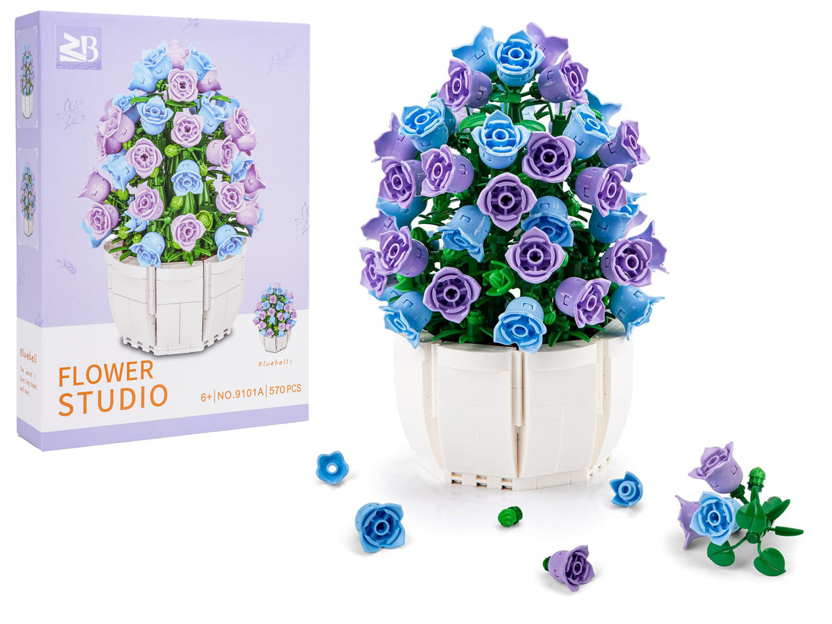 Flower Studio ziedu konstruktors podā 570 gabali zili violeti ziedi