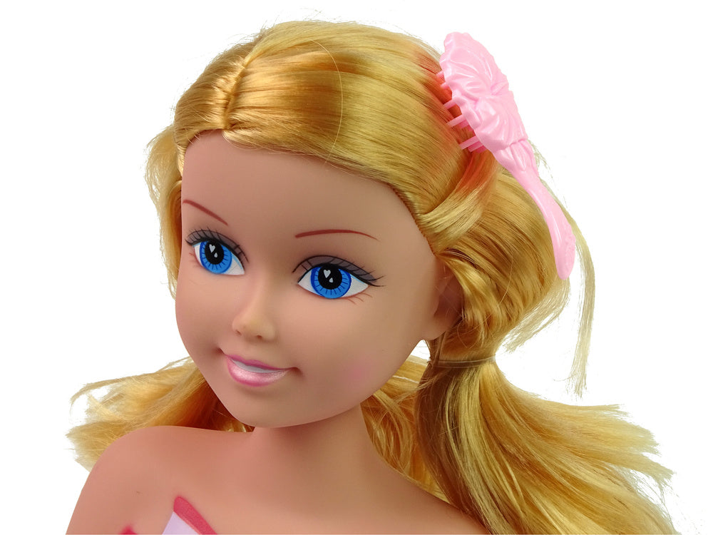 Frizūru veidošanas lelles galva ar blondiem matiem un rozā matu ķemmi-sprādzi
