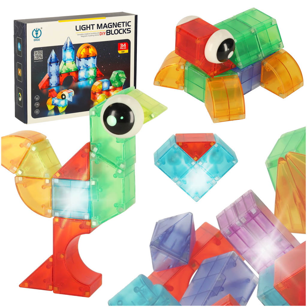gaismas magnētiskie klucīši 34 gab bērniem dažādās formās ar gaismas efektu