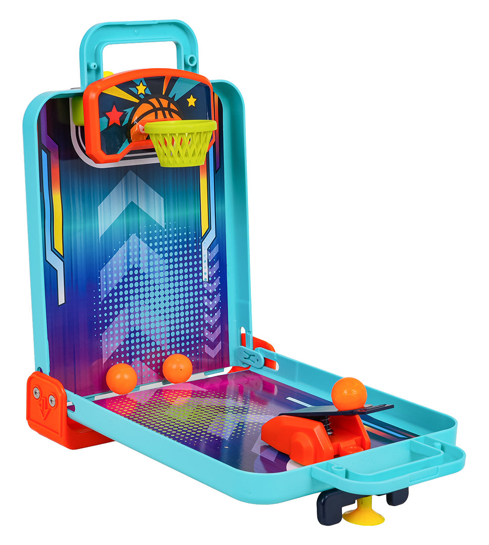 Mini galda basketbola spēle bērniem ar oranžām bumbiņām un metēja mehānismu koferī