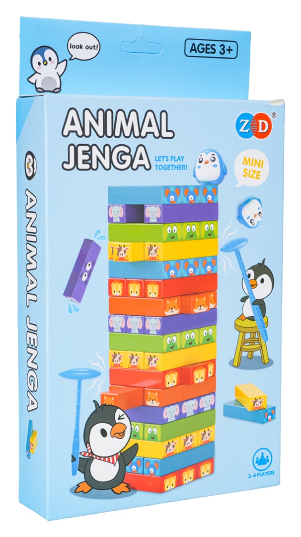 Galda spēle Animal Jenga ar dzīvnieku klucīšiem, pincetēm un pingvīna figūriņu, 3+