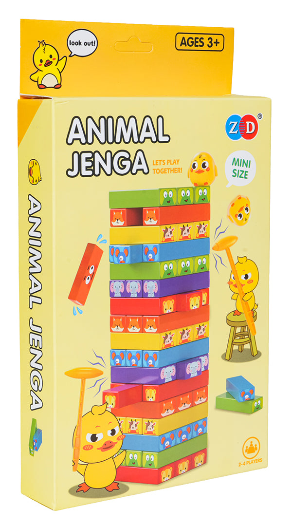 Galda spēle Animal Jenga ar krāsainiem dzīvnieku klucīšiem un pīlēna figūriņu, 3+
