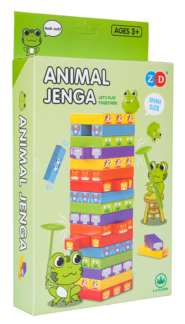 Galda spēle Animal Jenga ar krāsainiem dzīvnieku klucīšiem, vardes figūriņu un pincetēm, 3+