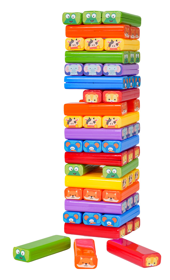 Galda spēle Animal Jenga ar krāsainu dzīvnieku klucīšu torni un izņemtiem klucīšiem