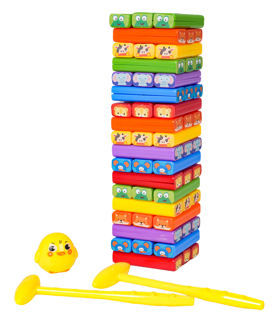 Galda spēle Animal Jenga ar krāsainu dzīvnieku klucīšu torni, pīlēna figūriņu un pincetēm