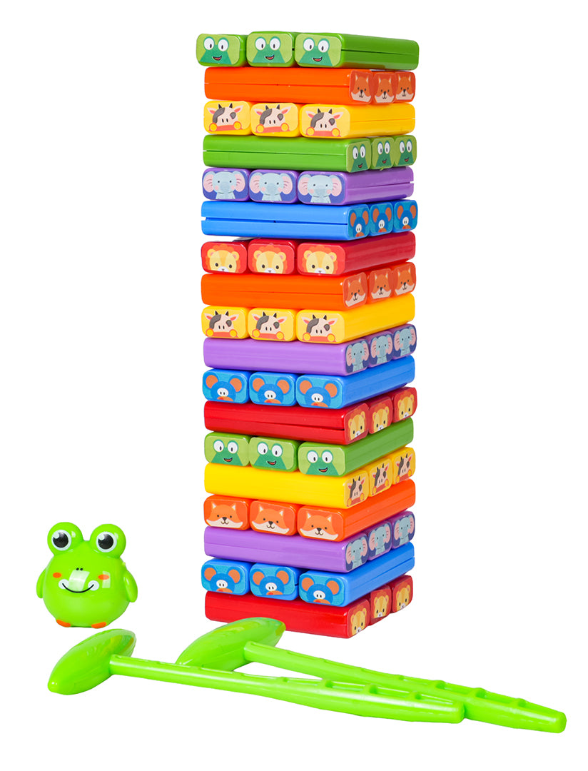 Galda spēle Animal Jenga ar krāsainu dzīvnieku klucīšu torni, vardes figūriņu un pincetēm