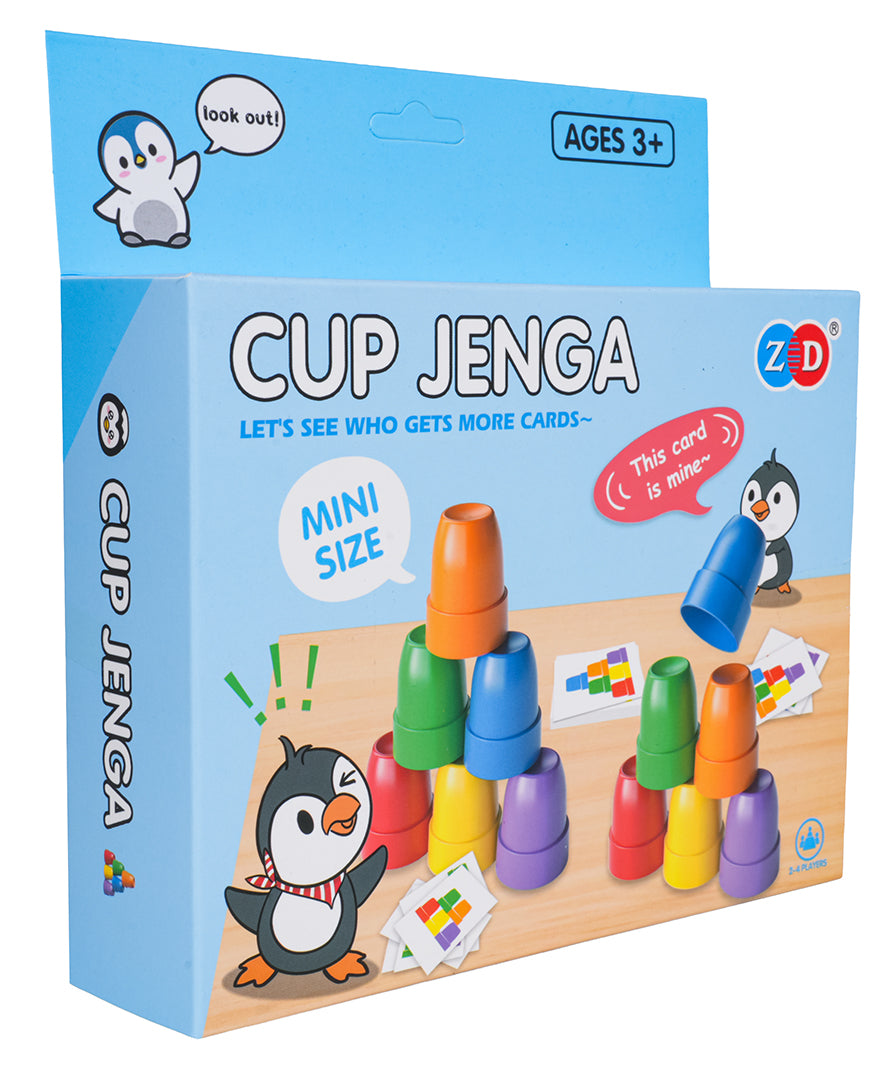 Galda spēle Cup Jenga ar krāsainiem kausiņiem un uzdevumu kartītēm, pingvīna dizains, 3+