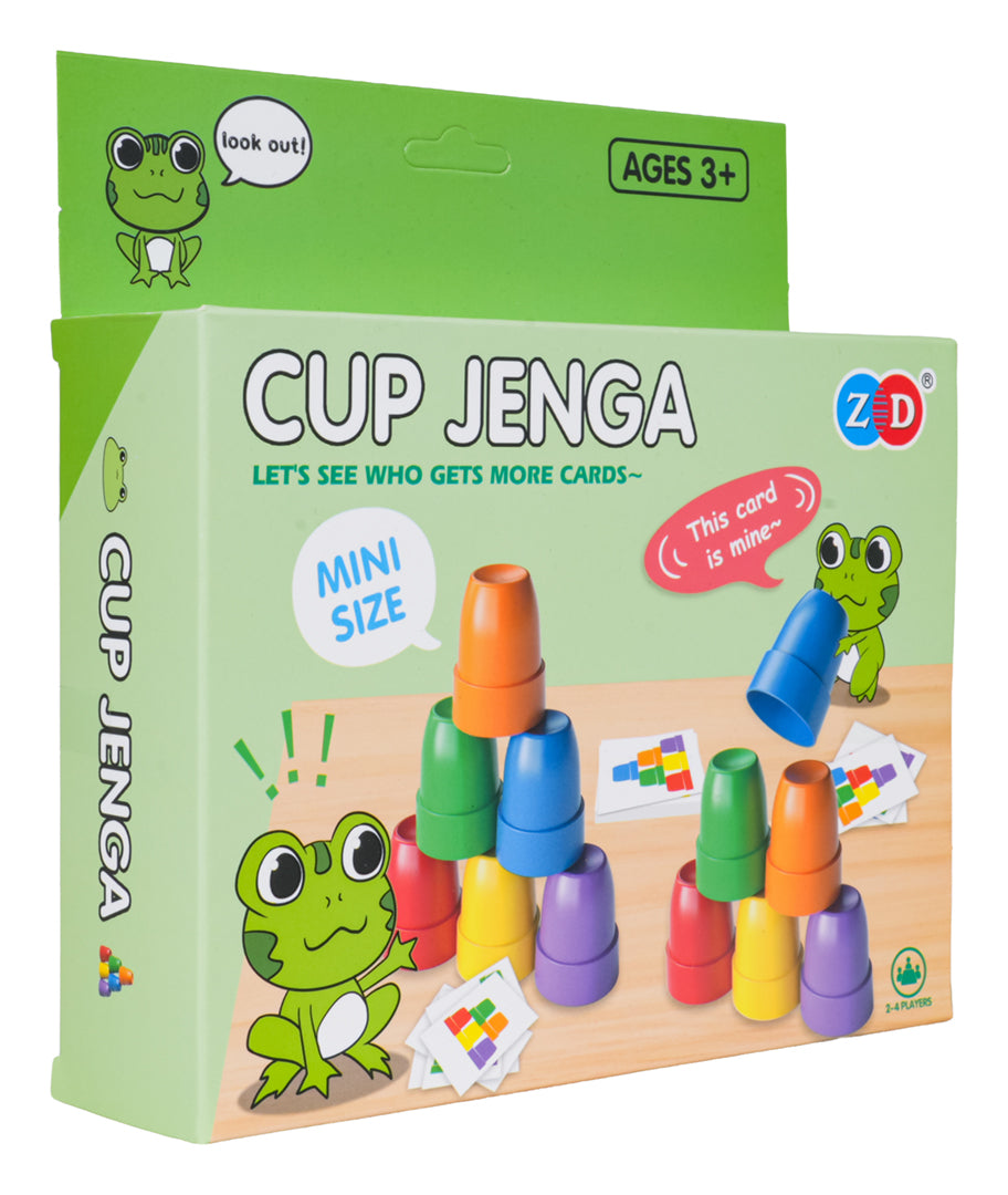 Galda spēle Cup Jenga ar krāsainiem kausiņiem un uzdevumu kartītēm, vardes dizains, 3+