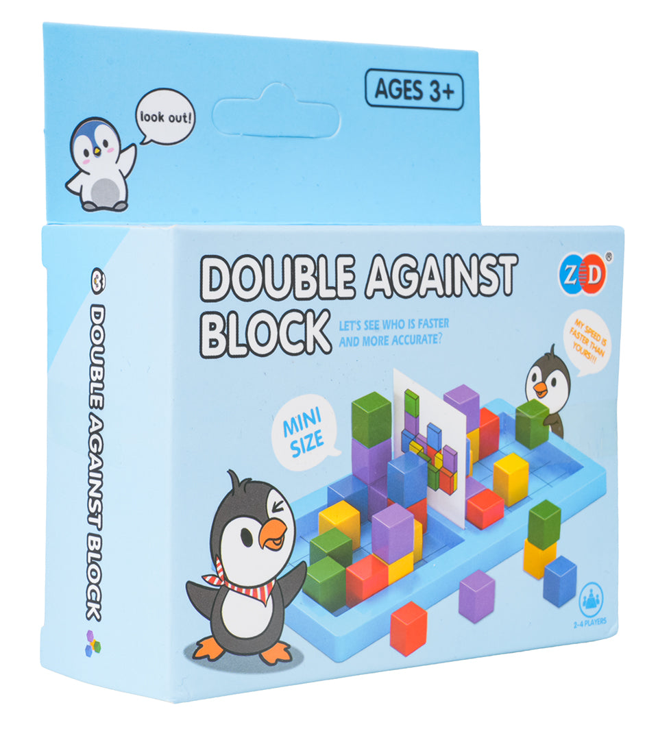 Galda spēle Double Against Block ar krāsainiem klucīšiem un pingvīna dizainu, 3+