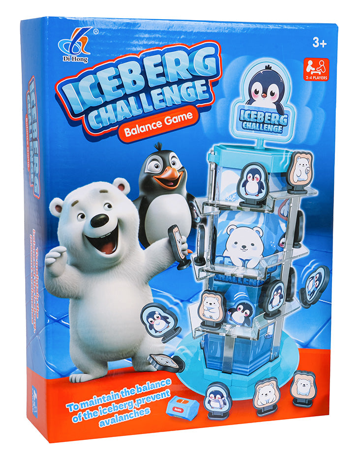 galda spēles Iceberg Challenge kaste ar leduslāci, pingvīnu un ledus torņa ilustrāciju