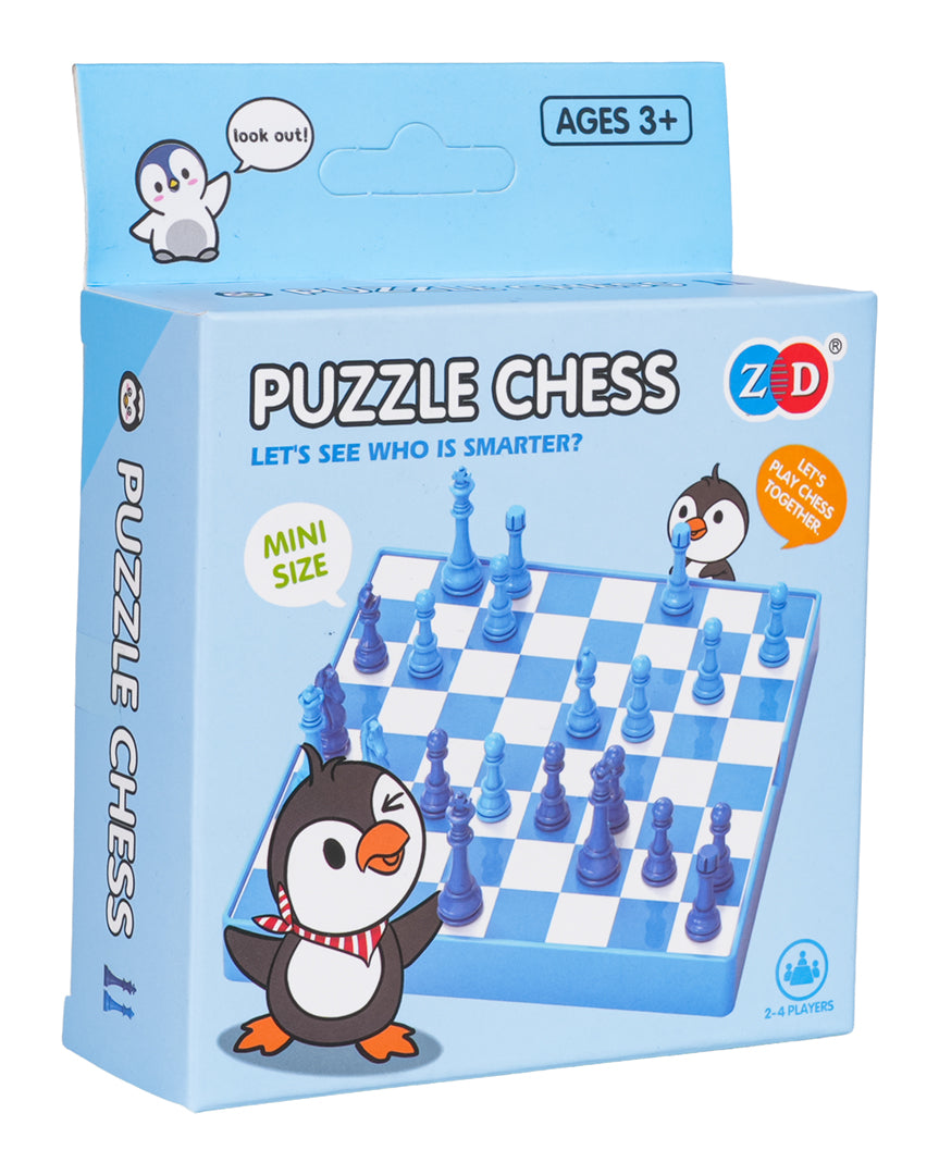 Galda spēle Puzzle Chess ar zilām šaha figūrām un pingvīna dizainu, 3+