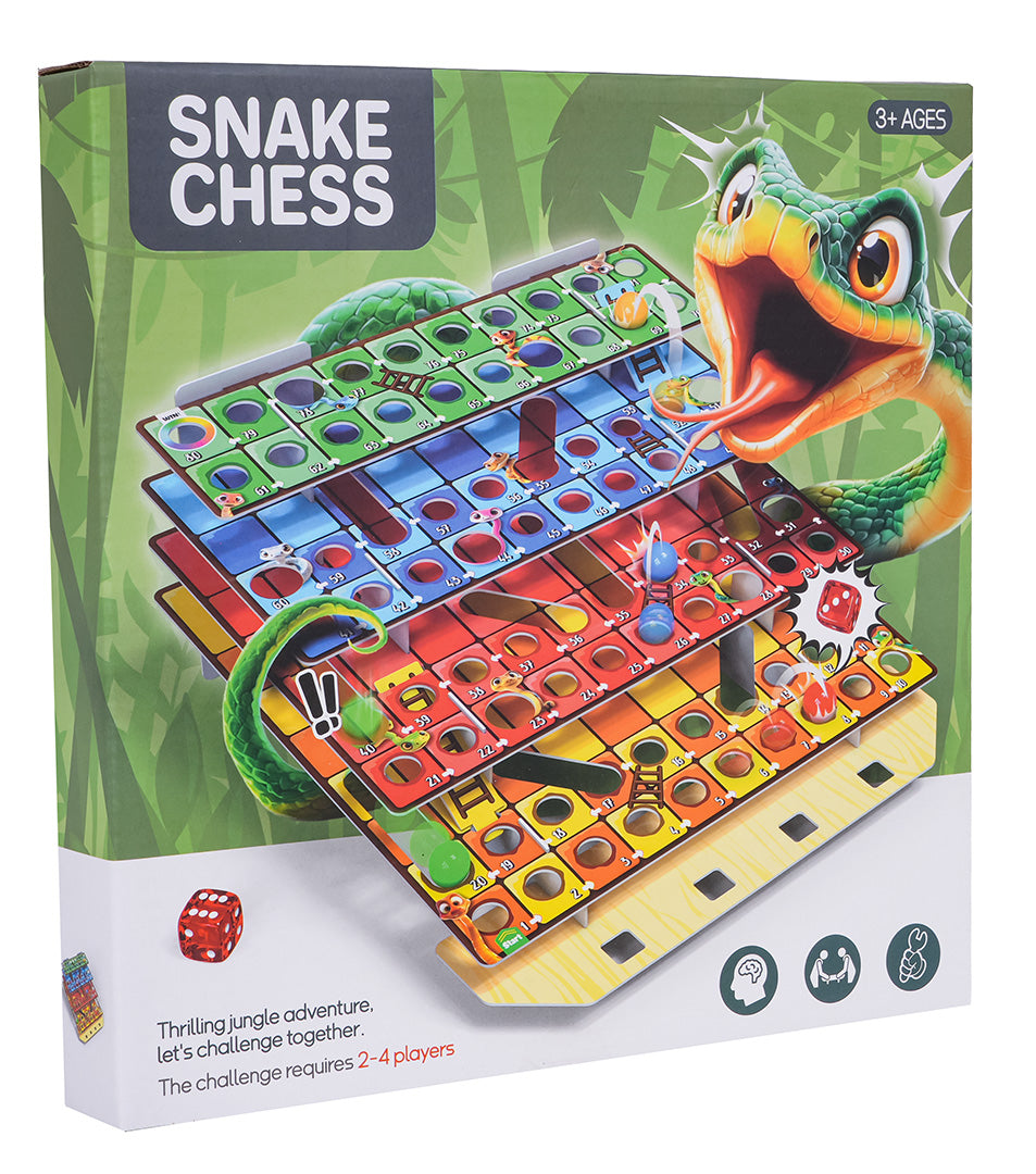 Galda spēle Snake Chess 2–4 spēlētājiem ar čūskām, kāpnēm un kauliņu — iepakojums