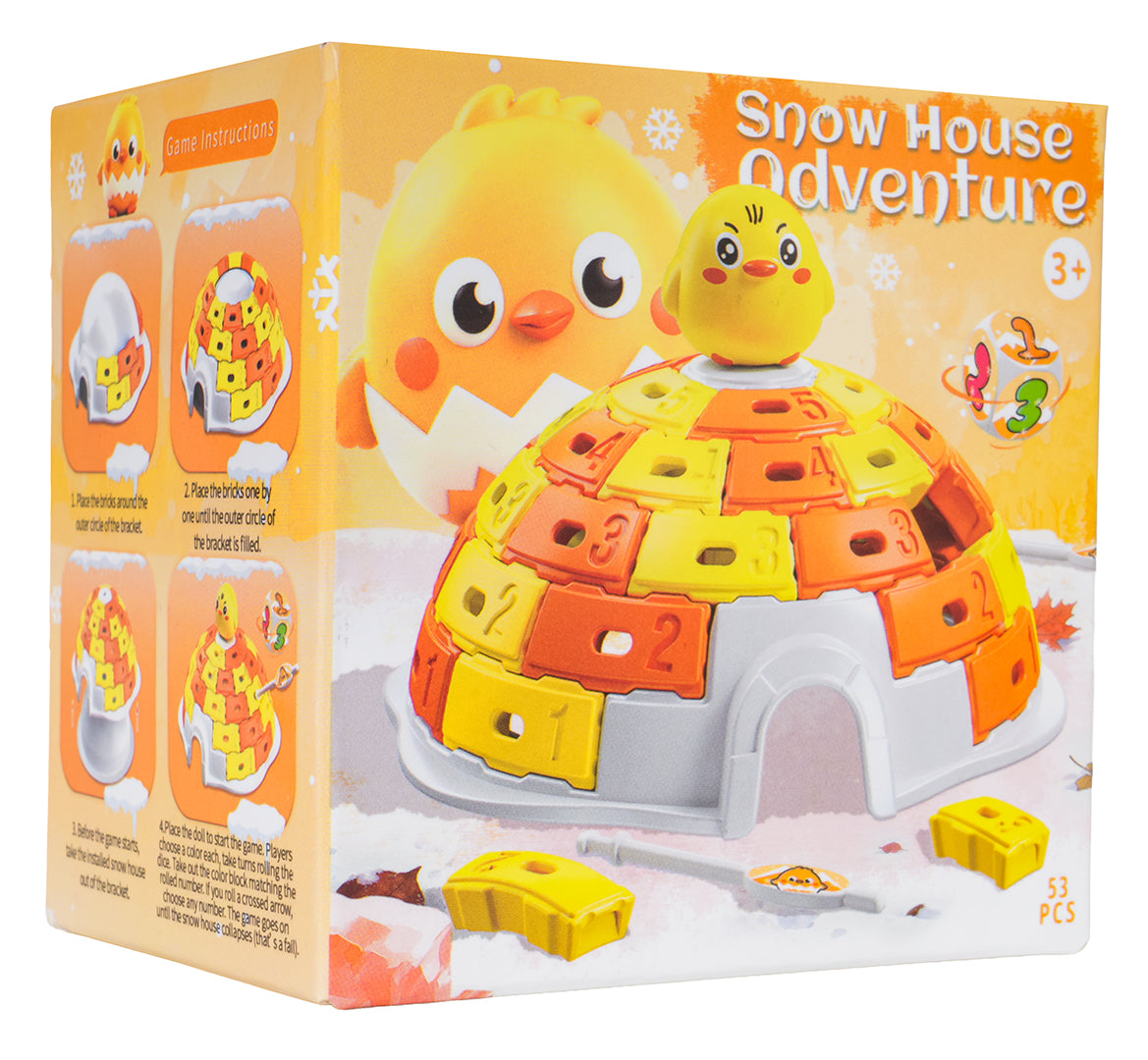 Galda spēle Snow House Adventure ar cālīti, oranži dzeltena ledus mājiņa, 53 detaļas, 3+, iepakojums