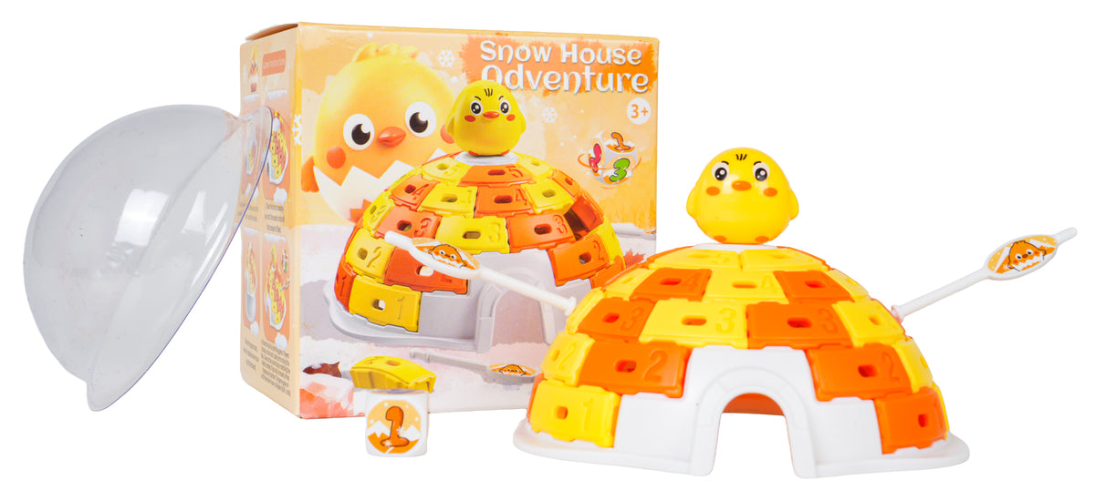 Galda spēle Snow House Adventure ar cālīti, oranži dzeltenu ledus mājiņu, kupolu un piederumiem