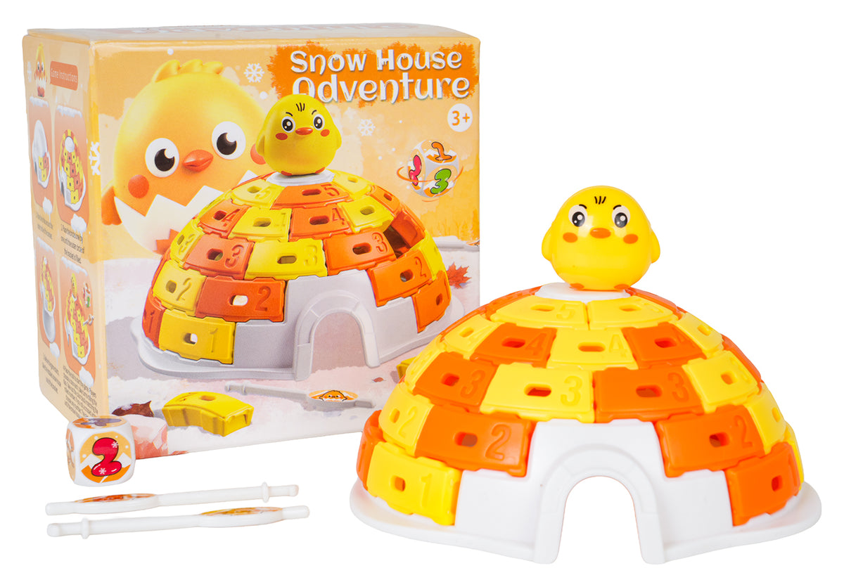 Galda spēle Snow House Adventure ar cālīti, oranži dzeltenu ledus mājiņu un piederumiem