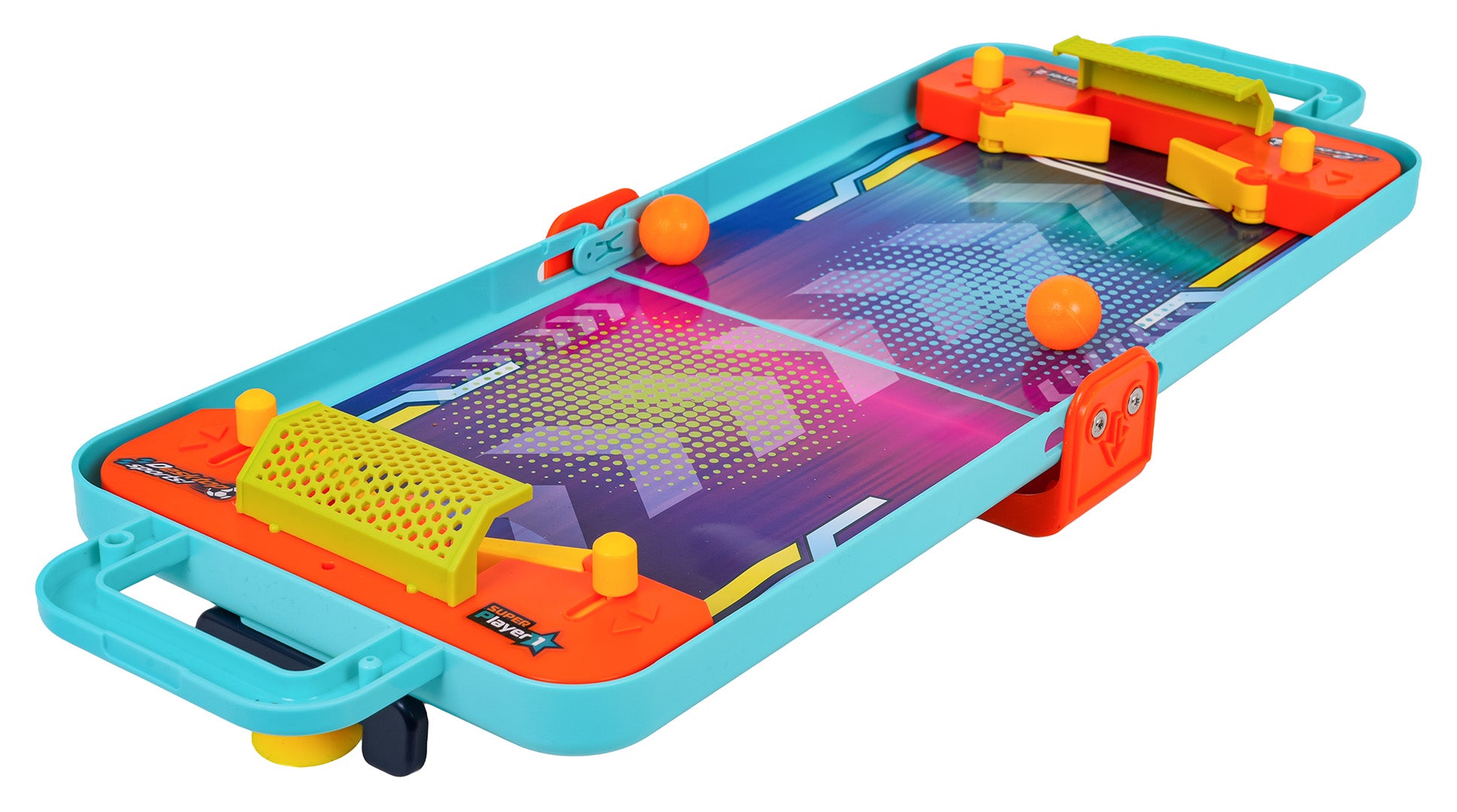 Galda futbola vai airhokeja tipa spēle ar oranžām bumbiņām un krāsainu laukumu