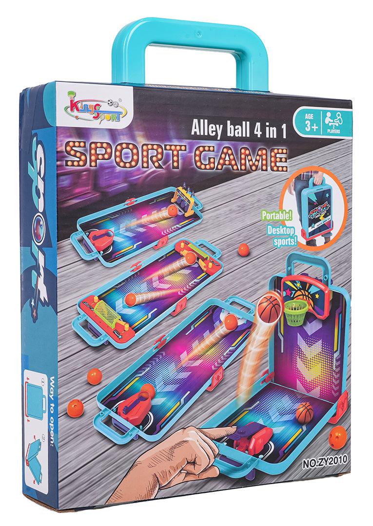 Galda sporta spēļu komplekts bērniem 4 vienā ar oranžām bumbiņām un basketbola grozu koferī ar rokturi